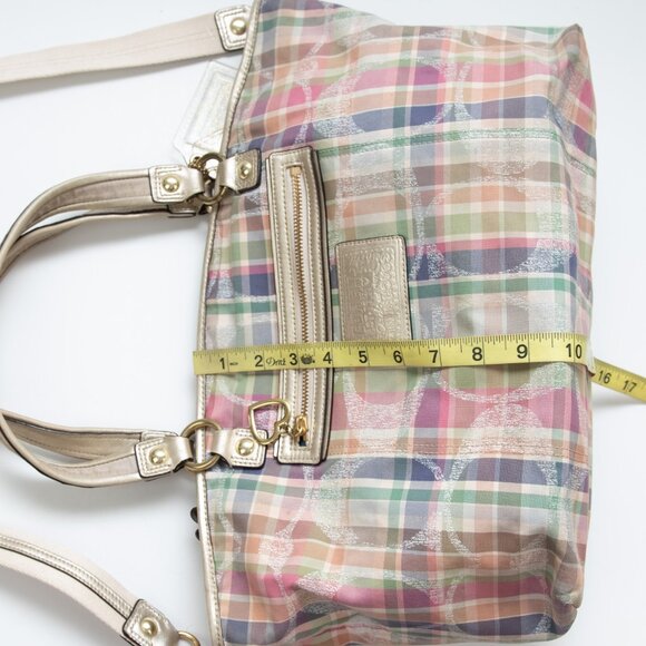 Coach Poppy Daisy Signature Madras Plaid Print Pink Rocker 2-Way Tote Bag Gold - Picture 9 of 13